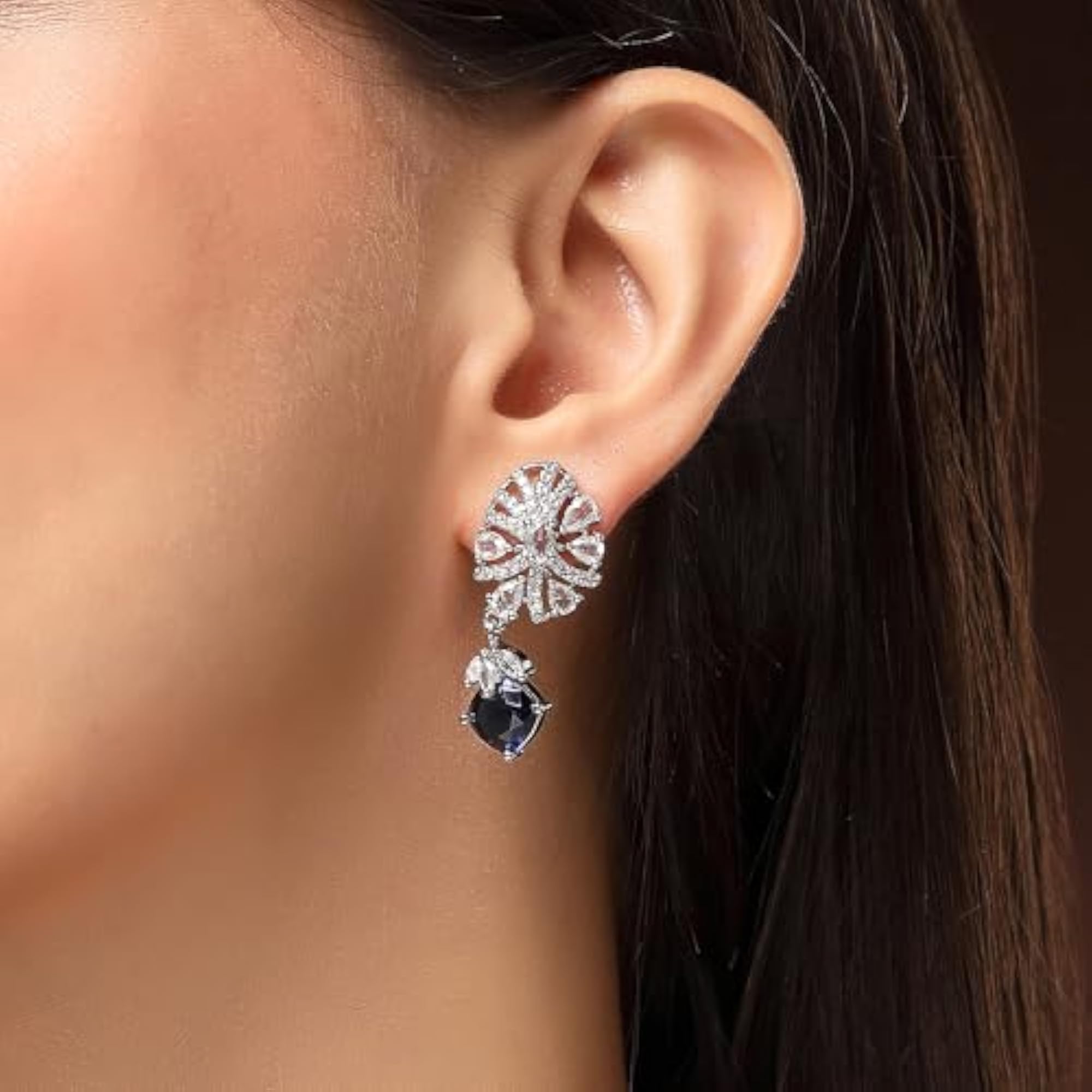Women's Rhodium Plated Leaf Shaped American Diamond Studded Drop Earrings